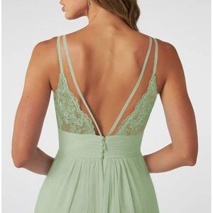 Azazie Blake Dusty Sage Short Bridesmaid Dress with V-neck and Lace